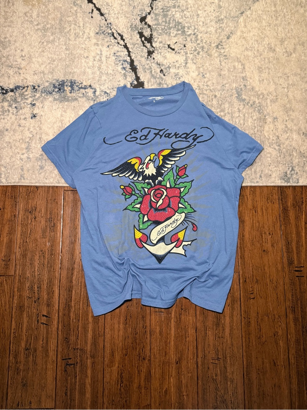 Ed Hardy Eagle Rose Anchor Rhinestone Graphic T-Shirt – Size L